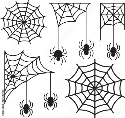 Simple black and white halloween spiderwebs and spiders collection isolated on white background