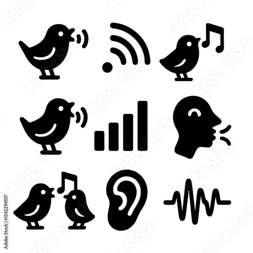 Bird Communication Icons. Solid style icons of bird calls and communication: singing bird icon, call waves, chirp note, echoing