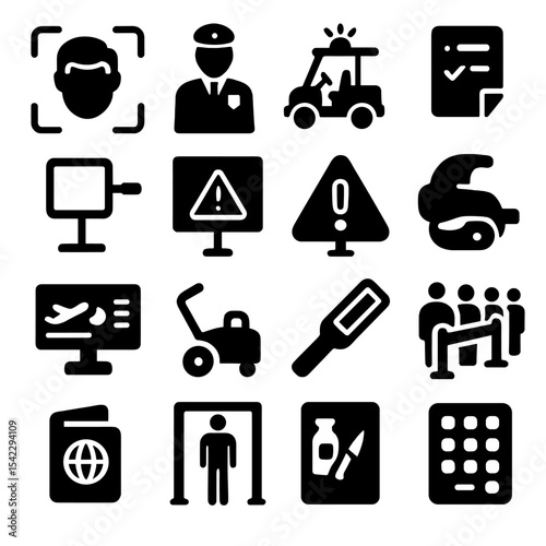 Airport Security Icons. Solid style icons of airport security: face recognition screen, TSA agent, security patrol cart,