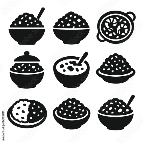 Iconic Rice Dishes. Solid style icons of comforting rice dishes: fried rice, rice pilaf, jambalaya, paella, biryani, congee,