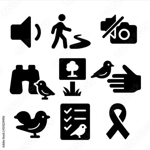 Ethical Birdwatching Icons. Solid style icons of ethical birding: quiet symbol, stay on trail, no flash camera, no feeding hand,