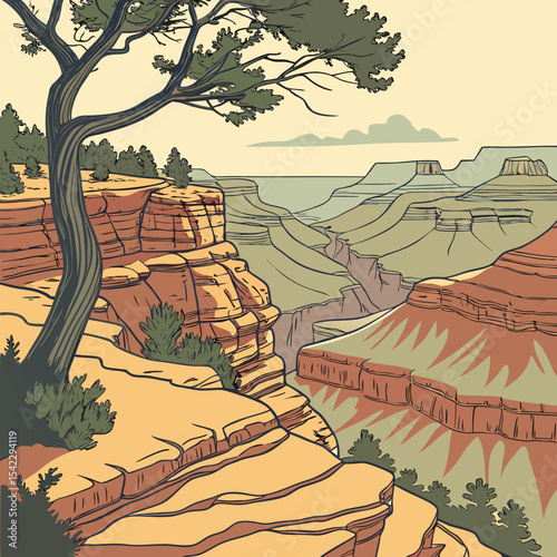 Illustration of a grand canyon landscape with layered rock formations and a prominent tree in the foreground