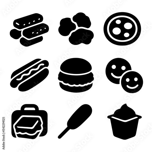 Nostalgic Comfort Foods. Solid style icons of nostalgic childhood comfort food: fish sticks, chicken nuggets, mini pizza, hotdog