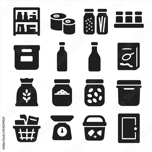 Pantry Essentials Icons. Solid style icons of pantry: pantry shelves, canned goods, glass jars with grains, pasta container, spice