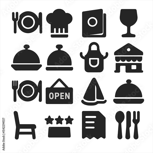 Restaurant Icon Set. Solid style icons of restaurant and hospitality: table setting, chef’s hat, food menu, wine glass, dining