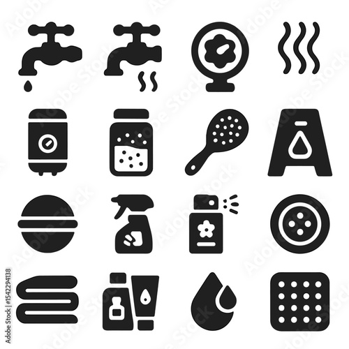 Bathroom Essentials Icons. Solid style icons of bathroom: hot water tap, cold water tap, shower control knob, steam symbol, water