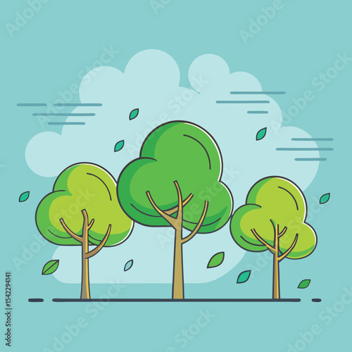 Stylized trees with light blue sky and clouds in simple vector format