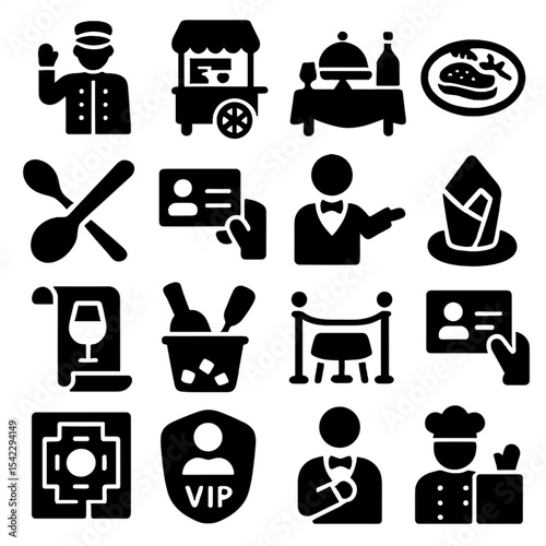 Hospitality Icon Collection. Solid style icons of restaurant and hospitality: friendly doorman icon, espresso cart, luxury hotel
