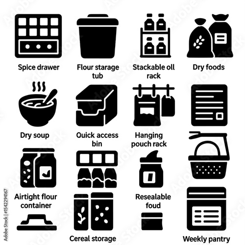 Pantry Icons Collection. Solid style icons of pantry: spice drawer grid, flour storage tub, stackable oil rack, dry foods bag set,