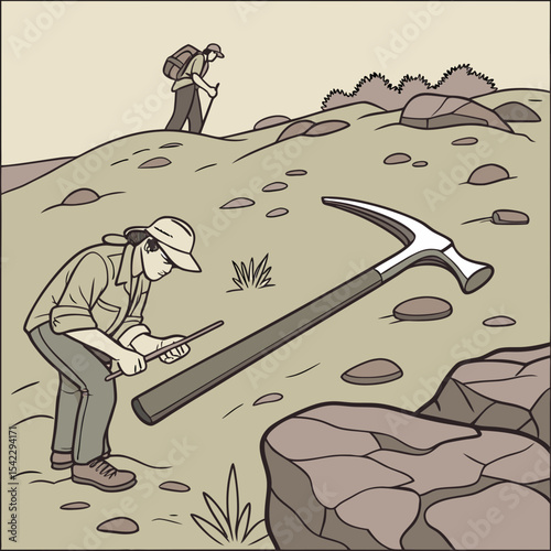 A geologist examines a rock formation with a hammer while another geologist hikes up a hill in the background