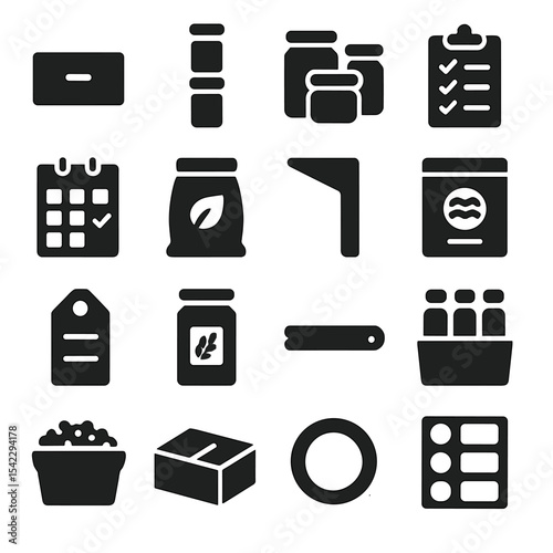 Stylized Pantry Icons. Solid style icons of pantry: small item drawer, vertical snack tower, modular jar set, pantry item