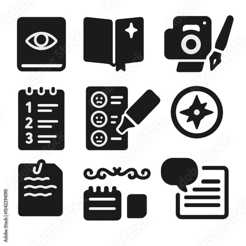 Journaling Icon Collection. Solid style icons of journaling: mindful page symbol, creative entry ribbon, snapshot moment icon,