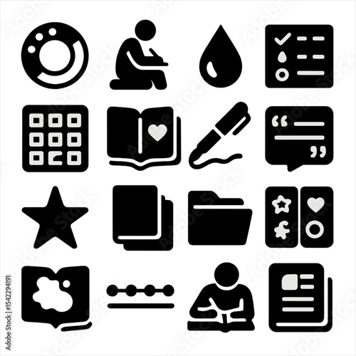 Journaling Icons Collection. Solid style icons of journaling: habit tracker ring, reflection corner, ink drop detail, symbol key