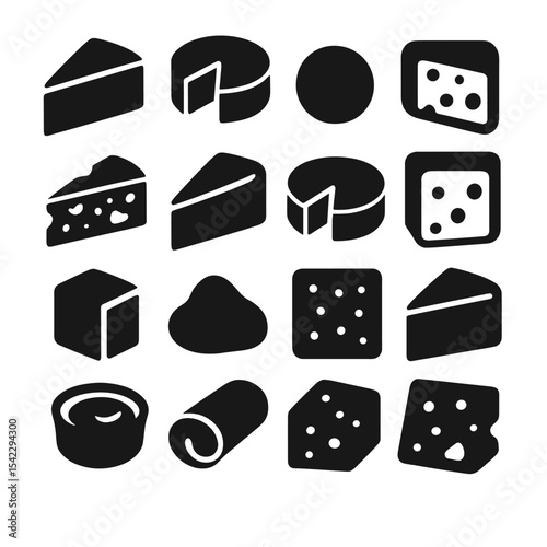 Cheese Variety Icons. Solid style icons of cheese variety: cheddar wedge, brie round, mozzarella ball, gouda wheel, blue cheese
