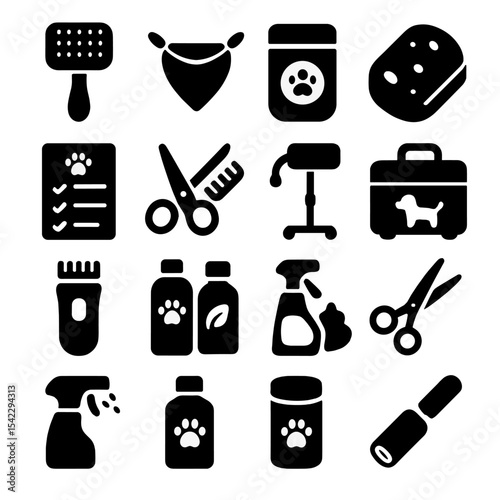 Pet Grooming Icons. Solid style icons of pet grooming: detangler brush, grooming bandana, pet dental wipes, grooming sponge,