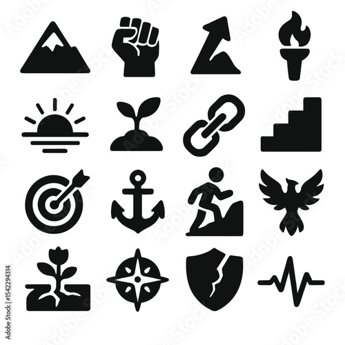 Perseverance Icons. Solid style icons of perseverance symbols: mountain peak, clenched fist, upward arrow, torch flame, sunrise