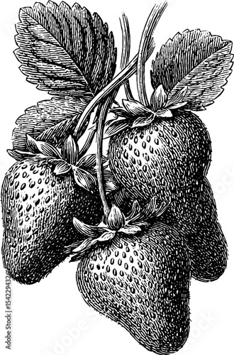 Vintage engraving of strawberry cluster with leaves
