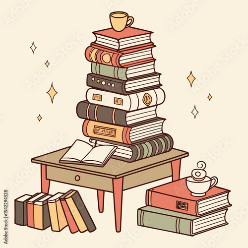 Illustration of a stack of books on a table with a cup on top and books beside the table, with sparkles