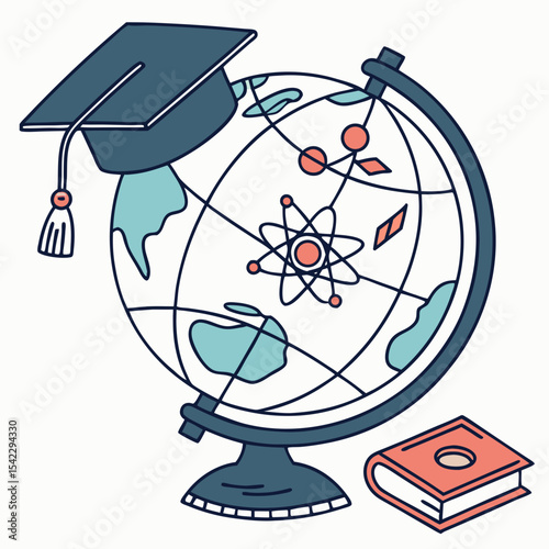 Illustration of a globe with continents, an atom model, graduation cap, and a closed book on the surface