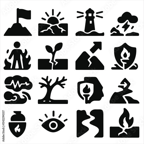 Symbols of Perseverance. Solid style icons of perseverance symbols: flag nailed to summit, dawn over broken earth, lighthouse in