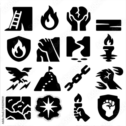 Perseverance Icons. Solid style icons of perseverance symbols: ladder against cliff wall, symbol of rebirth flame, hands lifting