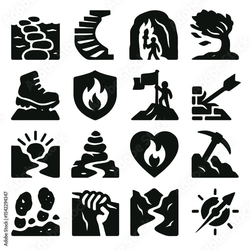 Perseverance Symbols Icons. Solid style icons of perseverance symbols: stone pathway across water, upward spiral staircase, torch