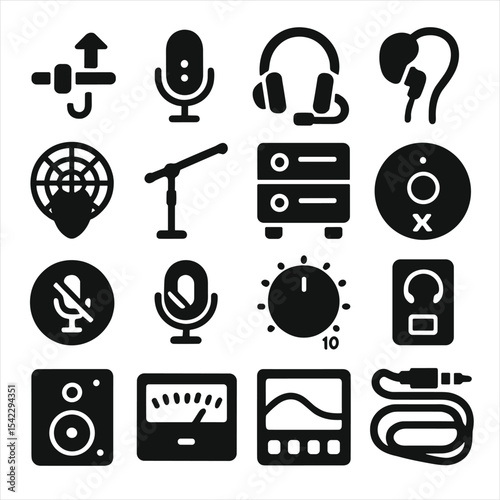 Live Sound Icons. Solid style icons of live sound: fader automation icon, microphone phase switch, headset mix controller, in-ear