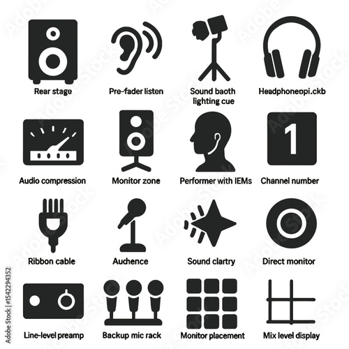 Live Sound Icons. Solid style icons of live sound: rear stage speaker view, pre-fader listen icon, sound booth lighting cue,