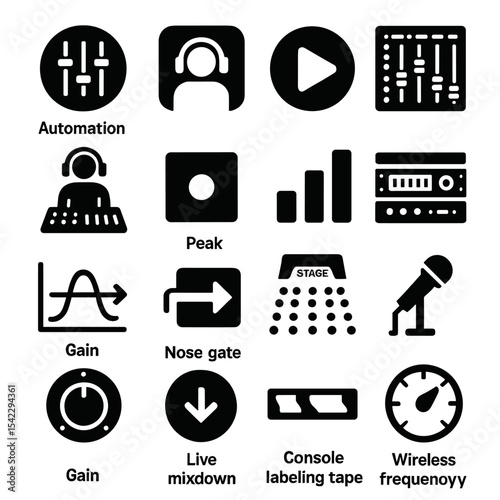 Live Sound Icons. Solid style icons of live sound: mixer automation button, sound booth icon, cue button symbol, console overview