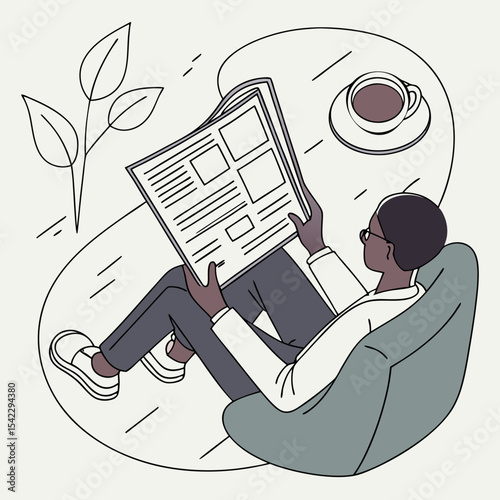 Illustration of a person reading a newspaper in a chair with a cup of coffee and a plant nearby