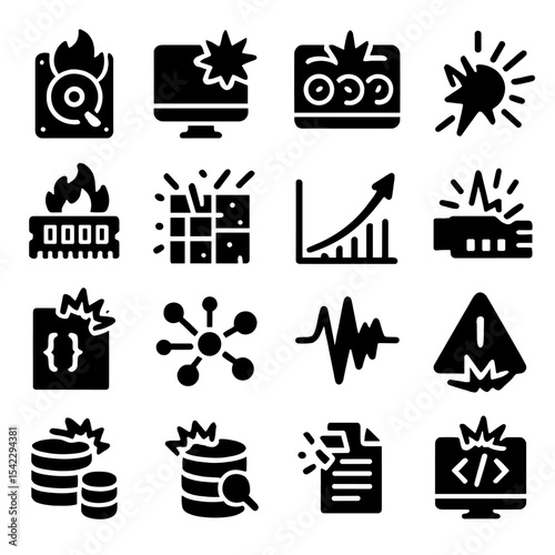 Data Explosion Icons. Solid style icons of data explosion: hard drive burnout, digital burst on screen, dashboard data crash,