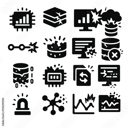 Data Overload Icons. Solid style icons of data explosion: exploding CPU load bar, layered cache breakdown, digital overload