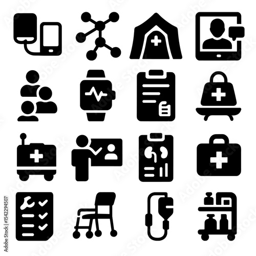 Solid Healthcare Icons. Solid style icons of medical and healthcare: mobile blood pressure cuff, medical data network icon,