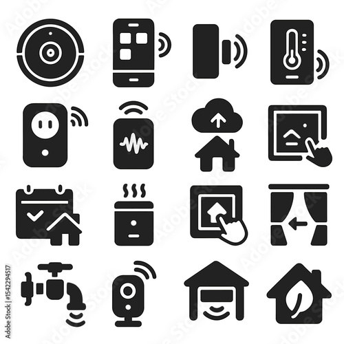 Smart Home Icons. Solid style icons of smart home automation: robot vacuum icon, appliance scheduling app, wireless door sensor,