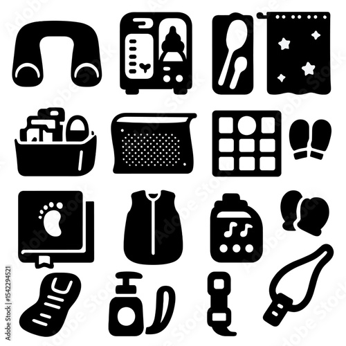 Parenting Essentials Icons. Solid style icons of parenting essentials: anti-roll pillow, bottle prep machine, baby growth tracking
