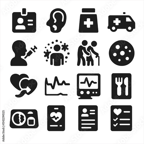 Medical Icons Collection. Solid style icons of medical and healthcare: hospital access card, otolaryngology symbol, prescription