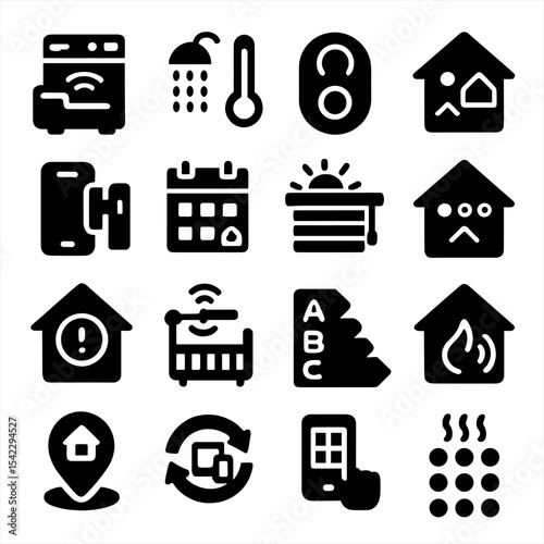 Smart Home Icons. Solid style icons of smart home automation: connected dishwasher icon, smart shower temperature control, digital