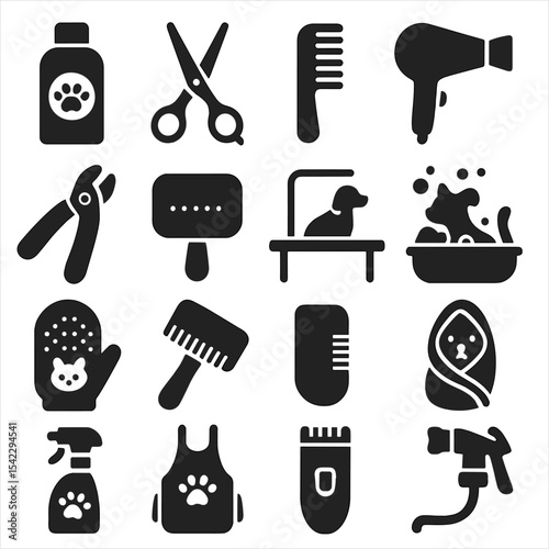 Pet Grooming Icons. Solid style icons of pet grooming silhouette: dog shampoo bottle, grooming scissors, pet comb, hair dryer for