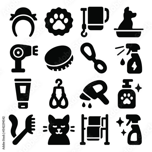 Pet Grooming Icons. Solid style icons of pet grooming silhouette: grooming headband icon, clean pet pawprint badge, towel hanging