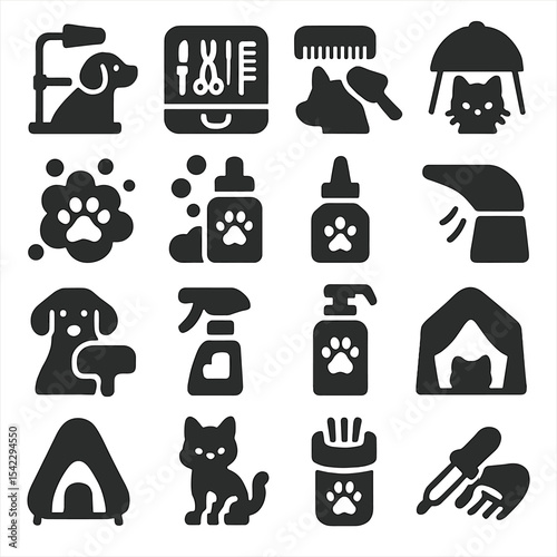 Pet Grooming Icons. Solid style icons of pet grooming silhouette: dog drying stand, grooming kit open, brush with dog silhouette,