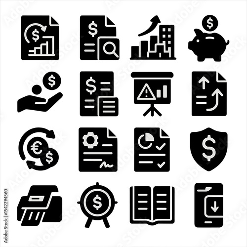 Business Finance Icons. Solid style icons of business and finance: tax refund icon, financial audit report, company stock icon,
