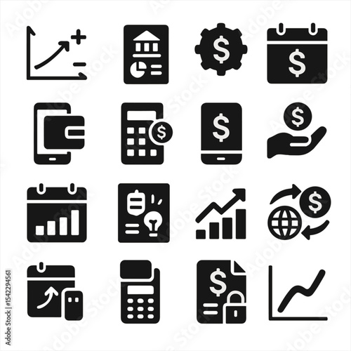 Business Finance Icons. Solid style icons of business and finance: cost-benefit chart, business banking report, revenue generation