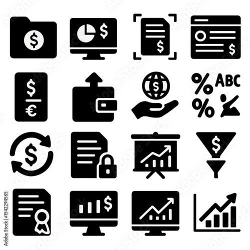 Finance Icons Collection. Solid style icons of business and finance: corporate finance folder, online budget viewer, invoice scan