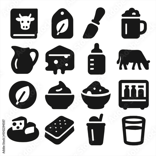Dairy Icons Collection. Solid style icons of dairy and milk: dairy recipe book, lactose-free tag, soft cheese knife, frothy milk