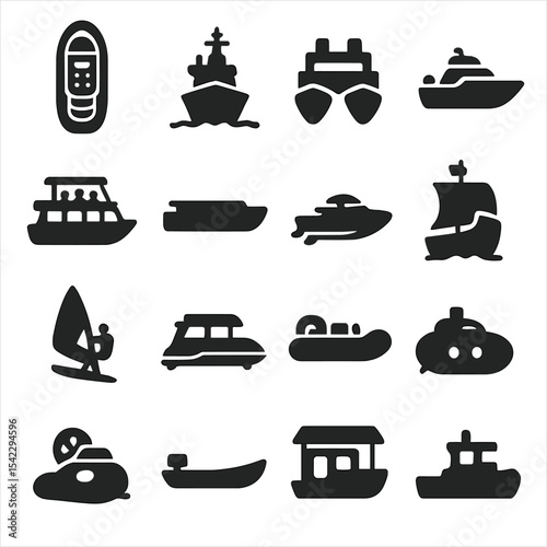 Watercraft Silhouettes Collection. Solid style icons of watercraft silhouette: cruise ship top deck view, military command ship,