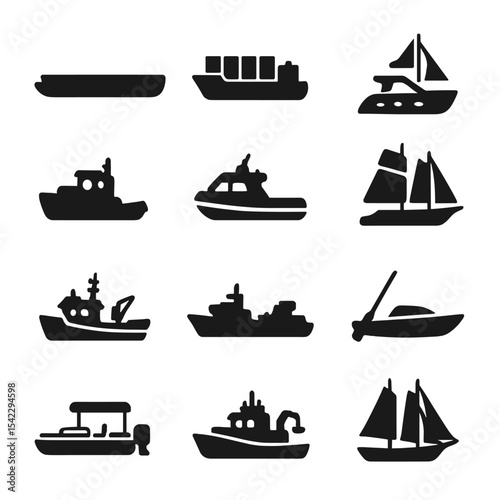 Watercraft Icon Silhouettes. Solid style icons of watercraft silhouette: river barge, container vessel, coast guard boat, luxury