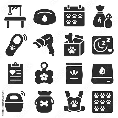 Pet Care Icons. Solid style icons of pet care: pet grooming table, non-spill water bowl, weekly care calendar, scented waste bags,