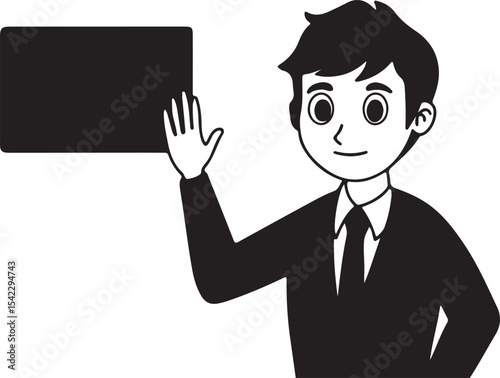 A smiling businessman in a suit holds a blank sign, giving a thumbs up in a vector cartoon illustration