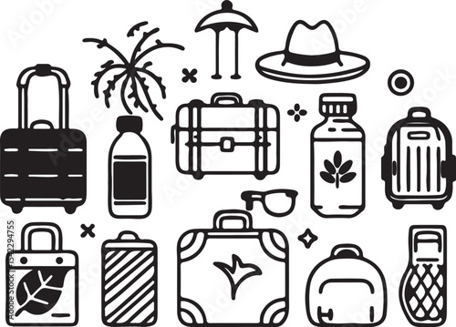 Travel and transport vector icon collection with vehicles and hotel-related symbols