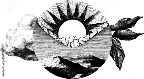 Vintage engraving style of sun and cracked earth with mountains and clouds